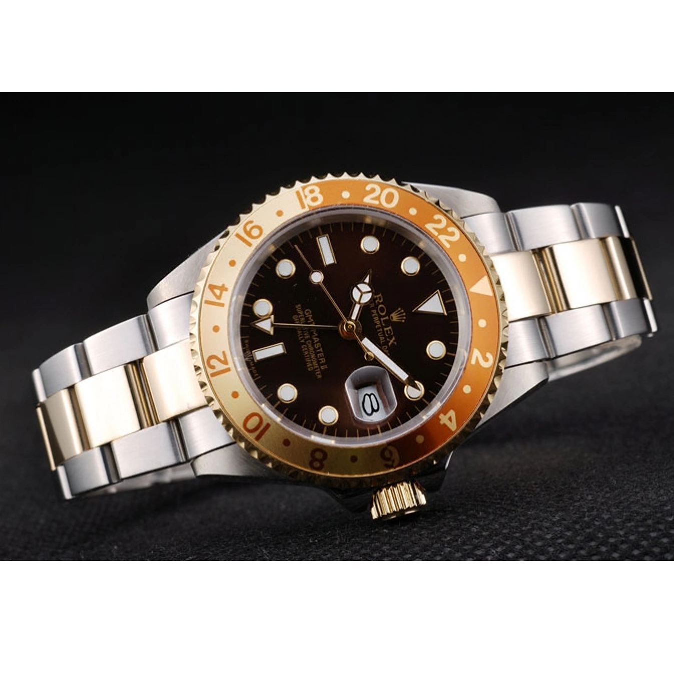 Good Copy Rolex Watches Watch Master GMT II Brown Gold Ceramic Dial Colored Bezel Rolex 0612
